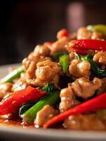 Close Up of Delicious Stir Fried Chicken with Chili and Bok Choy. photo