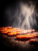 Close Up of Crispy Bacon Sizzling on a Griddle, Steam Rising. photo