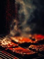 Delicious Steaks Grilling with Spices, Close Up Shot. photo