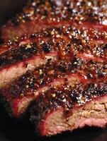 Close Up of Delicious BBQ Ribs with Sweet and Spicy Glaze. A mouthwatering image perfect for food blogs, restaurant menus, and cookbooks. photo