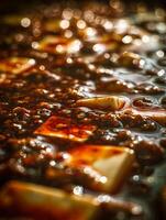 Close up of Mapo Tofu, a Spicy Sichuan Dish. The image showcases the texture and rich sauce of the dish. photo