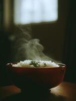 Steaming Bowl of Rice with Dill A Close Up of a Warm and Cozy Meal. photo
