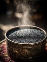 Steaming Bowl of Black Seeds Close Up of Aromatic Spices in Ornate Container. photo