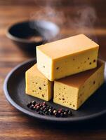 Steaming Aromatic Pepper Cheese Cubes on Dark Plate. photo