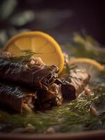 Close Up of Delicious Stuffed Grape Leaves with Lemon and Dill. photo