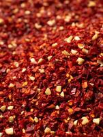 Close Up of Red Pepper Flakes and Garlic Pieces. A Detailed Texture Image of Spicy Seasoning. photo
