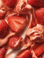 Close Up of Creamy Strawberry Dessert with Fresh Strawberry Pieces. photo