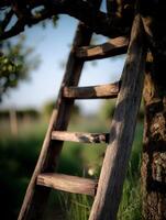 Rustic Wooden Ladder Leaning Against a Tree in a Lush Green Orchard. photo