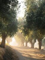 Sunlit Path Through an Olive Grove at Dawn. A picturesque dirt road winds through a misty olive orchard bathed in the golden light of sunrise. photo