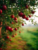 Ripe Red Apples Hanging on a Branch in an Orchard at Sunset. A close up view of juicy apples ready for harvest. photo
