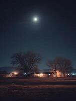 Illuminated Country House Under a Full Moon at Night. A serene landscape photograph depicting a tranquil scene. photo