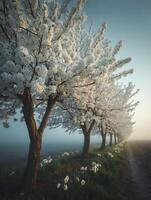 Serene Springtime Row of Blossoming Trees in Misty Meadow. photo