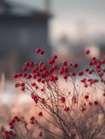 Close Up of Wild Raspberries on a Winter Branch. A delicate image of nature's beauty in the cold season. photo