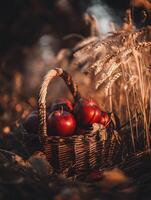 A wicker basket filled with ripe red apples sits amongst autumnal wheat stalks bathed in warm, golden sunlight. photo