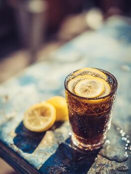 Refreshing Cola with Lemon Slices on a Rustic Table. photo