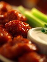 Close up of Delicious Glazed Chicken Wings with Celery and Dip. photo