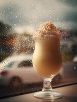 Creamy milkshake with sprinkles by a rainy window. A refreshing treat on a cloudy day. photo