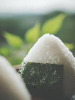 Close Up of Onigiri Rice Balls with Seaweed Against a Blurred Green Background. photo
