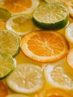 Close Up of Slices of Oranges, Lemons, and Limes Floating in Liquid. photo