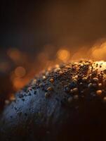 Close up of a Bread Roll Topped with Sesame and Poppy Seeds, Illuminated by Warm Light. photo