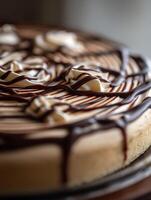 Close Up of Delicious Chocolate Drizzled Cheesecake. A tempting image perfect for food blogs, magazines, and culinary websites. photo