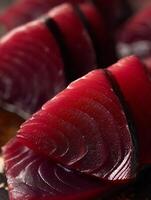 Close up of Sashimi Grade Tuna Steaks, Rich Red Color and Texture. photo