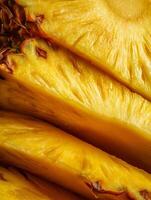 Close Up of Sliced Pineapple Showing Juicy Texture and Vibrant Yellow Color. photo