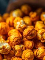Close Up of Buttery Yellow Popcorn Kernels. A Detailed Image of Delicious, Golden-Colored Popcorn. photo