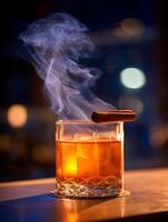 Aromatic Cocktail with Cinnamon Stick and Smoky Atmosphere. A close up shot of a whiskey glass with an amber liquid, ice cubes, and a cinnamon stick garnish, highlighted by smoky vapor. photo