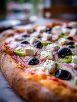 Close Up of Delicious Pizza with Feta Cheese and Olives. A tempting image perfect for food blogs, restaurants, or culinary websites. photo
