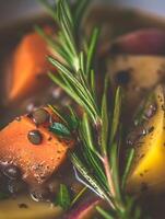 Close Up of Rosemary and Autumn Vegetables in a Hearty Stew. photo