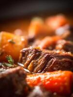 Close up of savory beef stew with carrots and potatoes. A delicious and hearty meal perfect for a cold night. photo