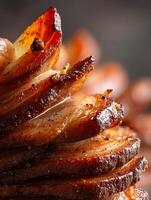 Close Up of Succulent Roasted Pork Belly Slices, Detailed Texture and Rich Glaze. photo