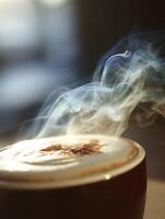 Close up of Steaming Cappuccino Coffee in a Dark Mug. photo