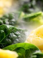 Close up of Steaming Spinach and Pasta, Fresh and Vibrant Food Photography. photo
