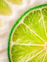 Close Up of Lime Slice in Creamy Liquid, Refreshing Citrus Texture. photo