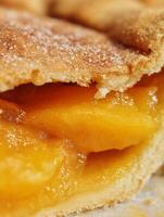 Close Up of Delicious Apricot Pie Filling and Crust. A mouthwatering image showing the texture and detail of a homemade apricot pie. photo