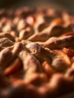 Close up of a golden brown crust on an apricot pie, showing texture and detail. photo