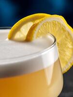 Close up of a Whiskey Sour Cocktail with Lemon Garnish. A refreshing drink perfect for a summer evening. photo