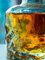 Close up of Amber Liquid in a Textured Glass Decanter. The intricate glass design refracts light, creating a vibrant display of color and texture. photo