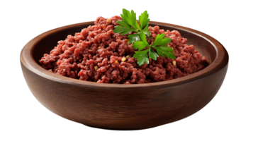 Hearty corned beef hash in a rustic wooden bowl with parsley garnish isolated on transparent background png