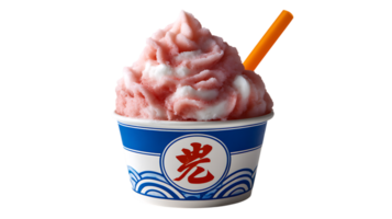 Delicious strawberry and cream shaved ice in a decorative cup with orange straw isolated on transparent background png