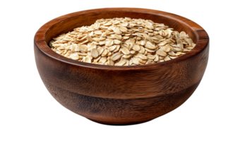 Close up of rolled oats filling a rustic wooden bowl isolated on transparent background png