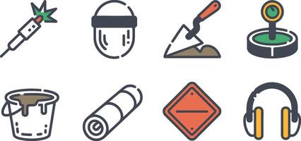 Collection of construction, audio, and safety icons depicting diverse tools and equipment vector