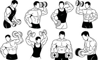 Black and white illustrations of muscular men exercising with dumbbells in various poses vector