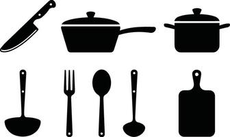 Simple black kitchen utensils and cookware illustrations for cooking and food preparation design elements vector