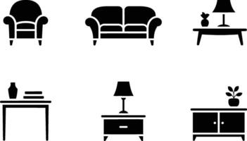 Elegant black and white furniture icons depicting a complete living room set arrangement vector