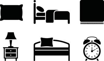 illustration of bedroom icons featuring bed pillows lamp alarm clock and more black silhouettes vector