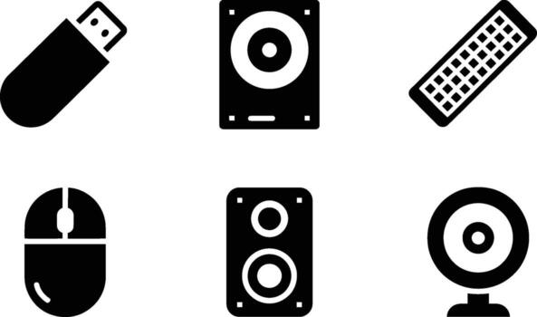 Black and white computer icons representing technology and multimedia concepts vector