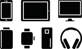 illustration of a set of various modern digital devices and gadgets in monochrome black style. vector